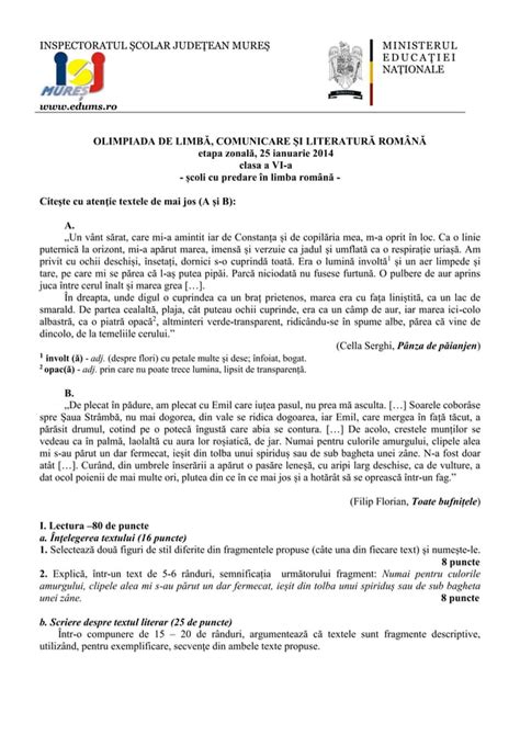 Romana Locala Mures Clasa A Via Lb Romana Subiecte Si Bareme Pdf