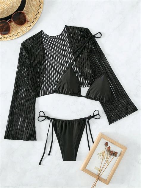 Shein Swim Y Glam Halter Triangle Tie Side Bikini Swimsuit With Kimono