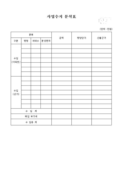 사업수지 분석표아파트 비즈폼 샘플양식 다운로드