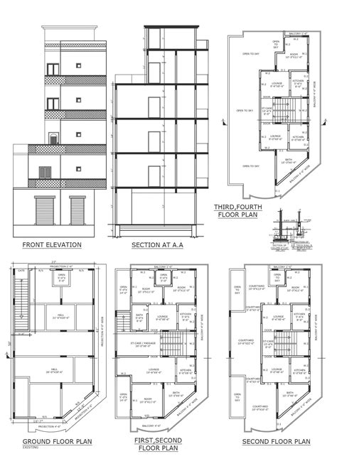 Low Rise 1 Bhk Apartment With Courtyard Design Detailed All Floor Plan Section And Elevation Dwg