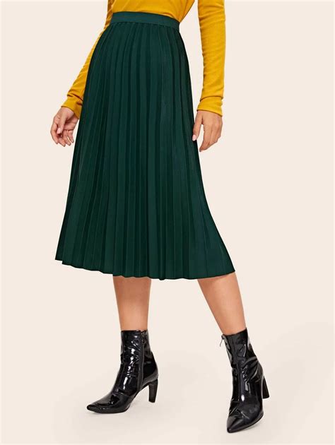 Solid Elastic Waist Pleated Skirt SHEIN USA Saias Midi Plissada