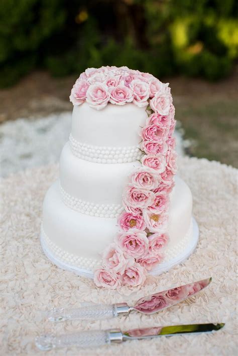 Cascading Pink Rose Decorated Wedding Cake