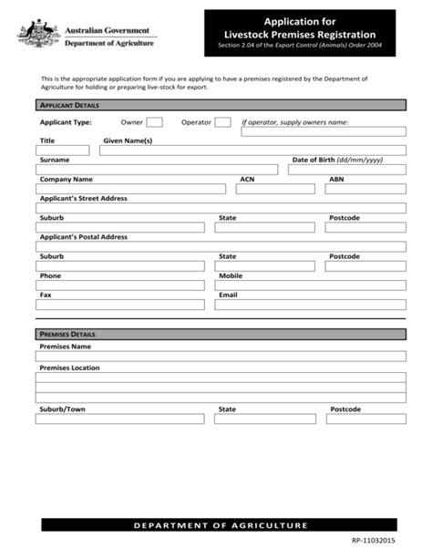 Application For Livestock Premises Registration