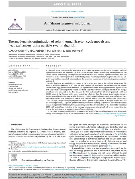 Pdf Thermodynamic Optimisation Of Solar Thermal Brayton Cycle Models