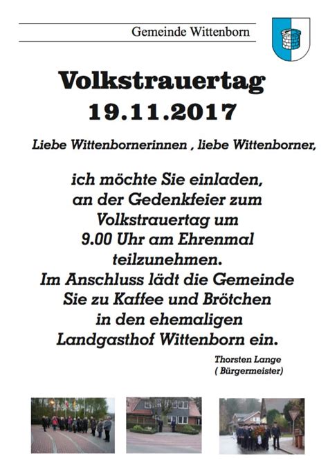 Einladung Zur Gedenkfeier Am Volkstrauertag Am November Wittenborn