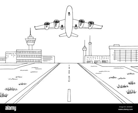 Airport exterior plane takes off graphic black white sketch ...