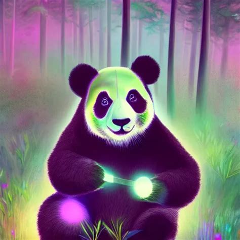 A Panda In The Forest Of Bioluminescent Mushroom Stable Diffusion