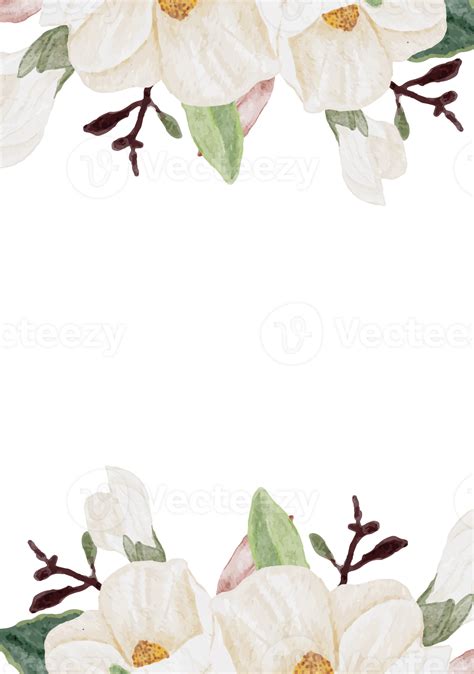 Watercolor Hand Drawn White Magnolia Flower And Green Leaf Branch