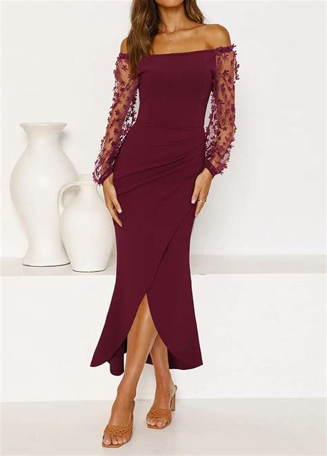 Btfbm Women Elegant Off Shoulder Dresses Sheer Long Sleeve Mesh Ruched