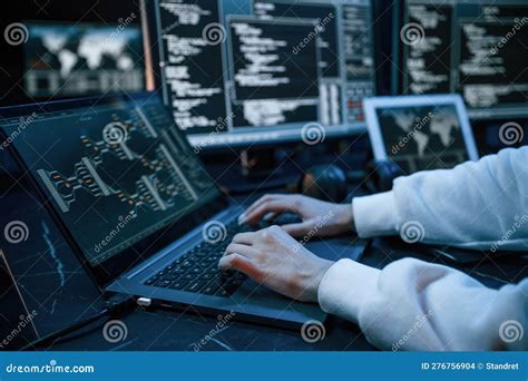 Side Close Up View Of Female Hacker Hands Typing On Keyboard Stock