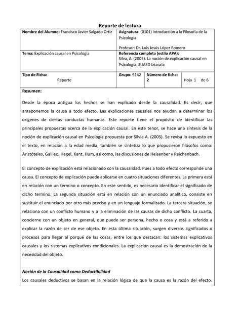 Reporte Explicaci N Causal En Psicolog A Actividad Reporte De