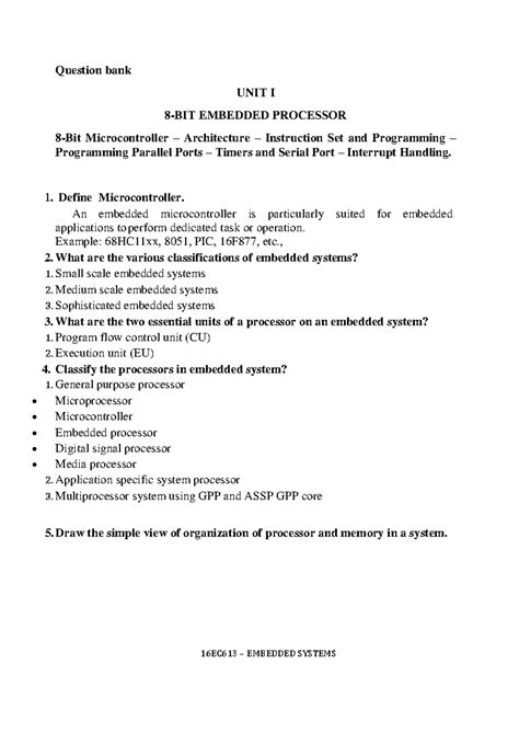 ES IOT Question BANK 16 EC 613 EMBEDDED SYSTEMS Question Bank UNIT