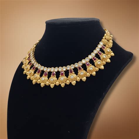 traditional gold plated pearl ruby choker necklace premium