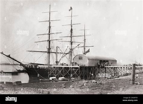 Vintage 19th Century Photograph Ship At Iron Wharf Scaffolding