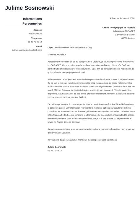 Lettre de motivation CAP Petite Enfance modèle et exemple