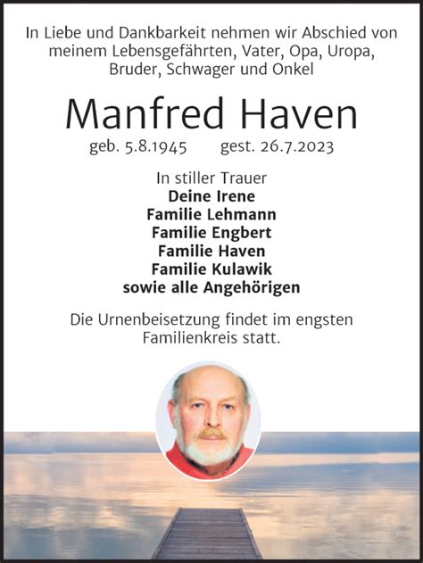 Traueranzeigen Von Manfred Haven Abschied Nehmende