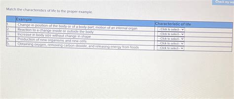 Solved Match The Characteristics Of Life To The Proper Chegg