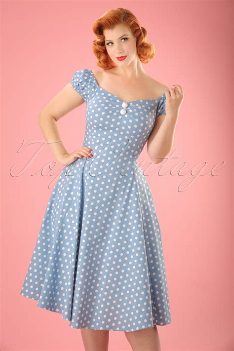 Vestido oscilante de muñeca Dolores Polkadot de los años 50 en azul