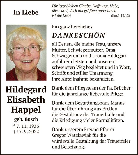 Traueranzeigen Von Hildegard Elisabeth Happel Trauer Op Online De