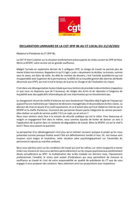 CT du SPIP 06 Déclaration Liminaire CGT insertion probation