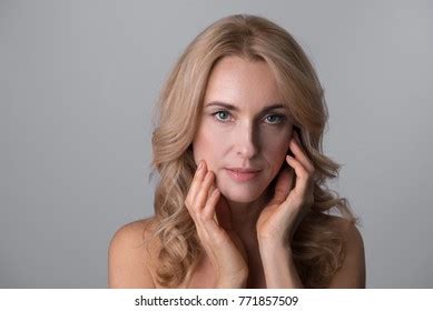 Portrait Delighted Charming Middleaged Naked Woman Stock Photo