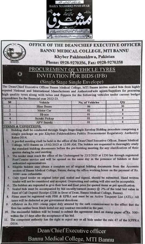 Procurement Of Vehicle Tyres Invitation Of Bids BANNU MEDICAL COLLEGE