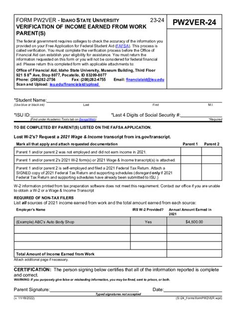 Fillable Online Parent S W Forms Verification Of Work Financial