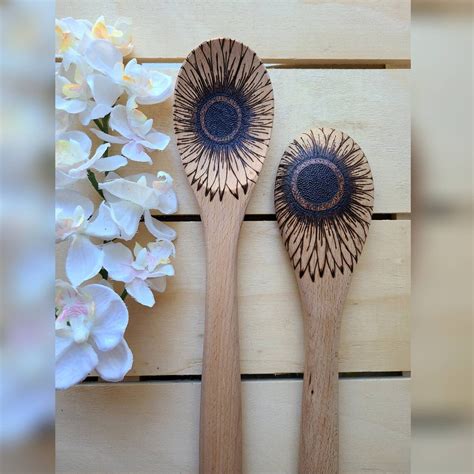 Sunflower Wooden Spoon Serving Spoon Sunflower Wood Burned Etsy