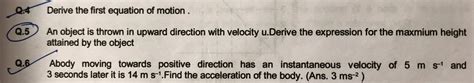 Derive The First Equation Of Motion Q 5 An Object Is Thrown In Upward