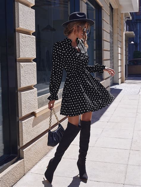 Polka Dot Flounce Sleeve Dress SHEIN USA