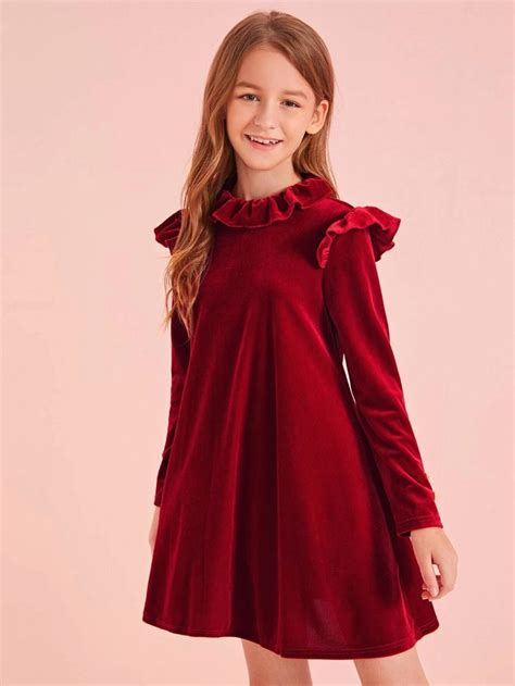 SHEIN Girls Keyhole Back Ruffle Detail Velvet Dress Girls Velvet