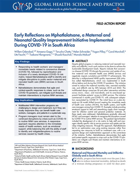 Pdf Early Reflections On Mphatlalatsane A Maternal And Neonatal