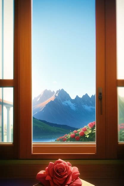 Premium AI Image | A window with a view of mountains and a mountain in the background