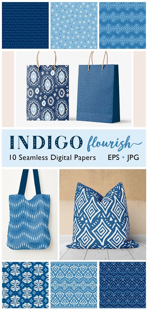 Indigo Seamless Patterns, Blue Floral Pattern, Blue Tribal