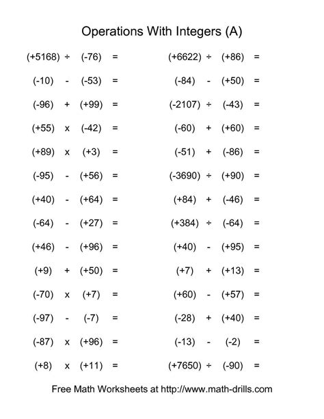 Integer Operation Worksheets Integers Worksheets