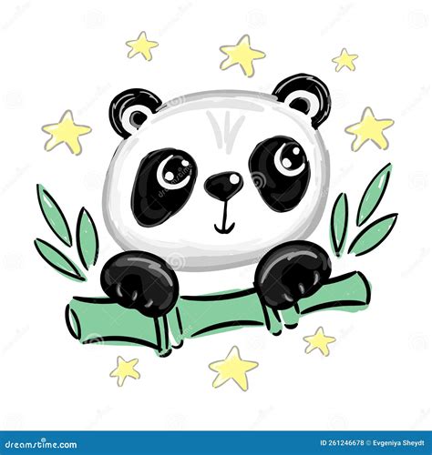 Cute Cartoon Panda Bear On Bamboo Leaves With Stars Vector Illustration Stock Vector