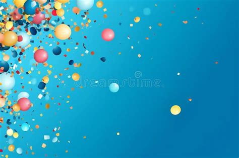 Colorful Balloons And Confetti On Blue Background Stock Photo Image