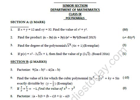 Cbse Class 9 Maths Polynomials Solutions