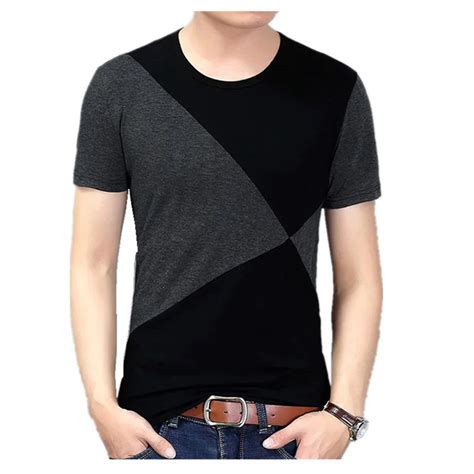 New Summer T Shirts Cotton Geometric Pattern Patchwork Color Man Mens