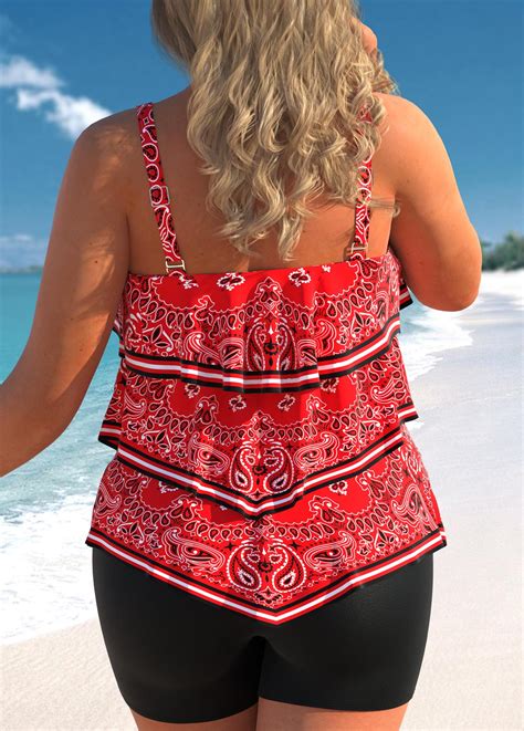 Rotita Plus Size Asymmetry Paisley Print Red Tankini Top Rotita