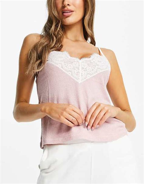 Hunkemoller Brushed Rib Cami With Lace Trim In Pink Asos