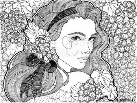 Vector Coloring Beautiful Girl With A Ribbon In Her Hair And Vine