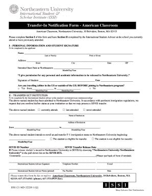 Fillable Online Northeastern Transfer In Notification Form American