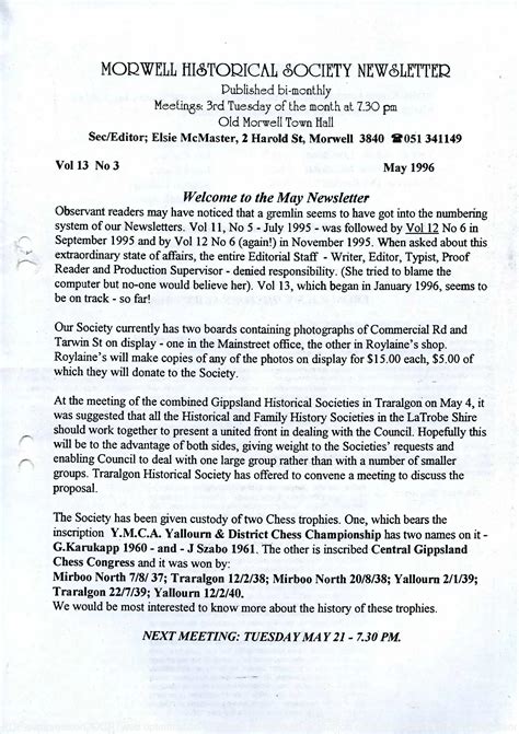 Newsletter May 1996 Morwell Historical Society