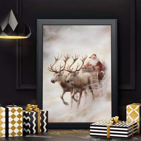 Vintage Santa Claus Wall Art Santa Claus With Sleigh Prints Rustic