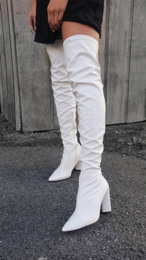 White Long Boots Over The Knee Boots With Side Zipper Vegan Leather