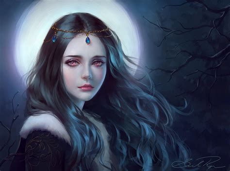 Moonlight Tree Girl Fantasy Face Red Eyes Princess Long Hair