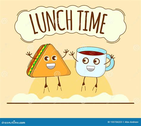 Lunch Time Banner, Tea and Sandwich Icon. Cute Character, Concept Label ...