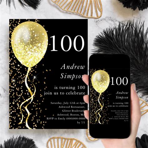 100th Black Gold Glitter Balloon Birthday Invitation Zazzle