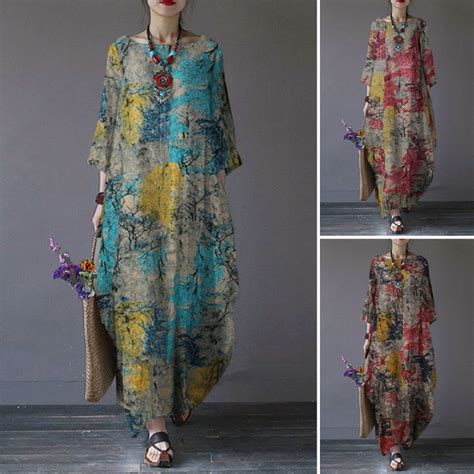 Esolo Zanzea Women Long Sleeve Retro Floral Printed Casual Loose Kaftan